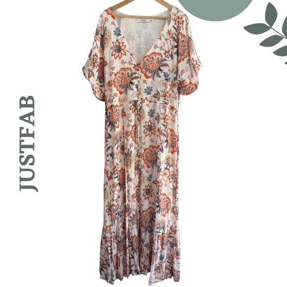 JUSTFAB Boho Floral Maxi Dress Cream Orange Lined Flutter Sleeve – Size XXL - Picture 2 of 10